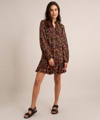 Vestido Chemise Curto De Viscose Floral Com Babados Manga Longa Preto