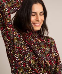 Vestido Chemise Curto De Viscose Floral Com Babados Manga Longa Preto