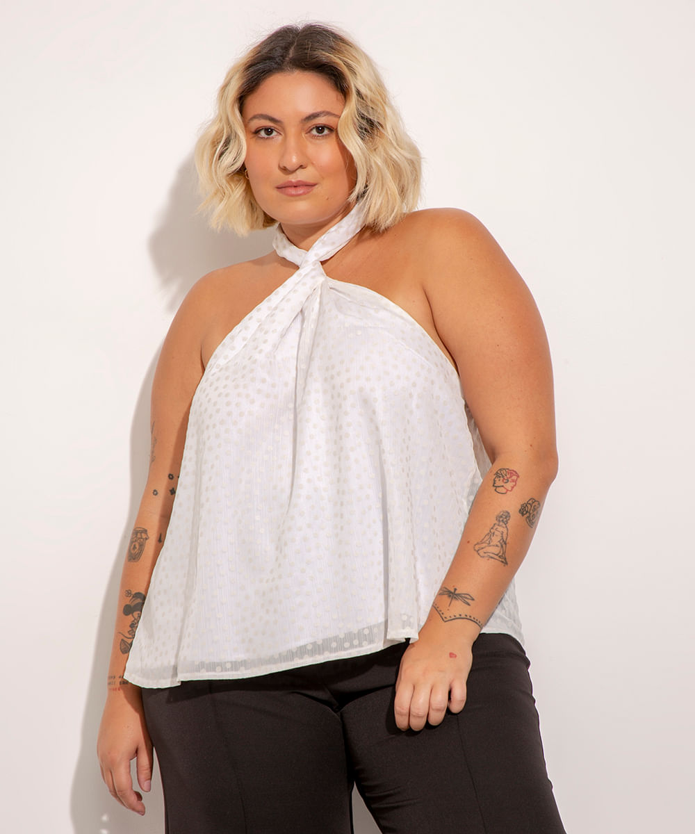 blusa frente única plus size texturizada de poá com nó mindset branca