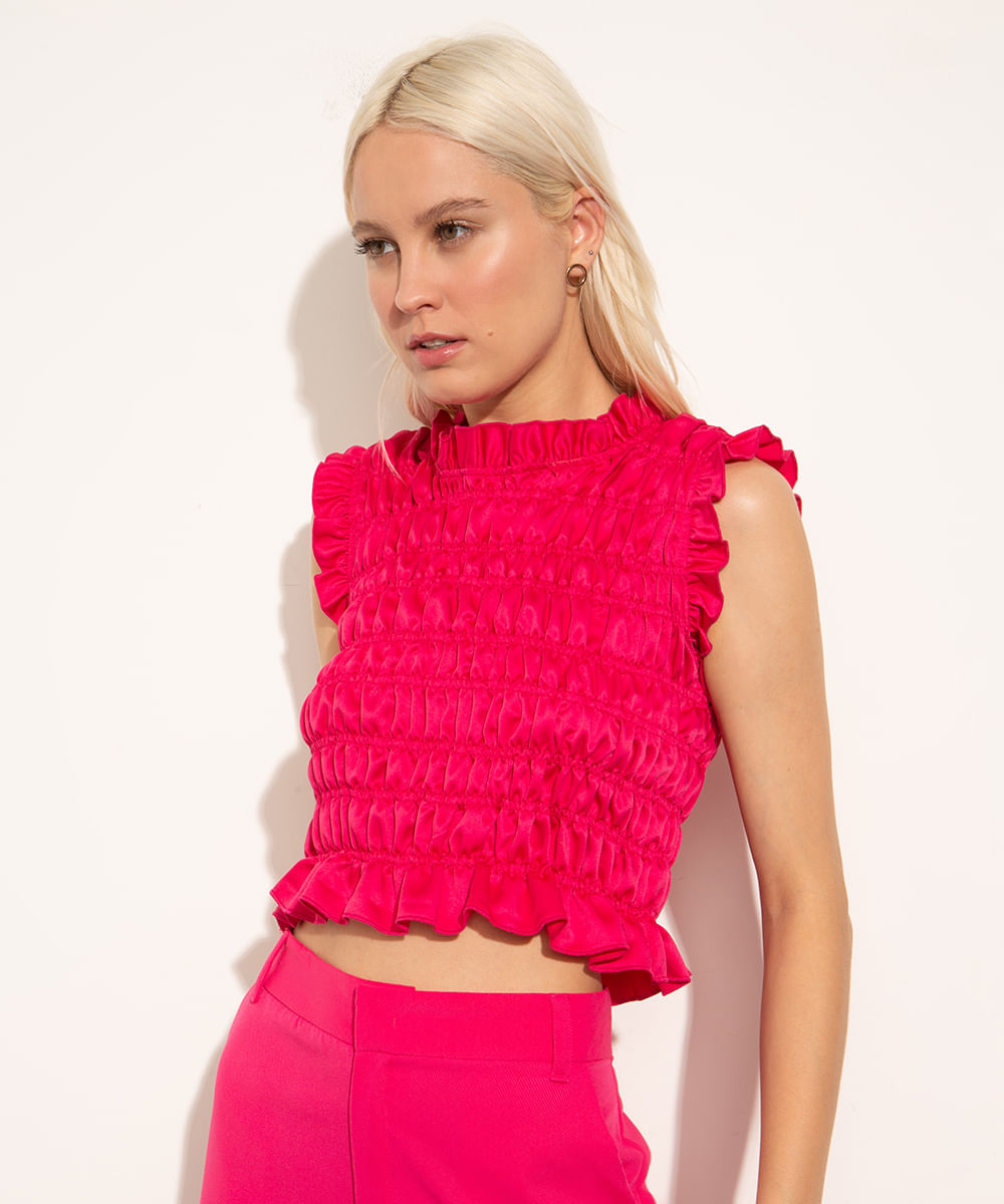 Blusa Feminina Mindset Cropped Acetinada com Lastex e Babado Sem Manga Gola Alta Pink