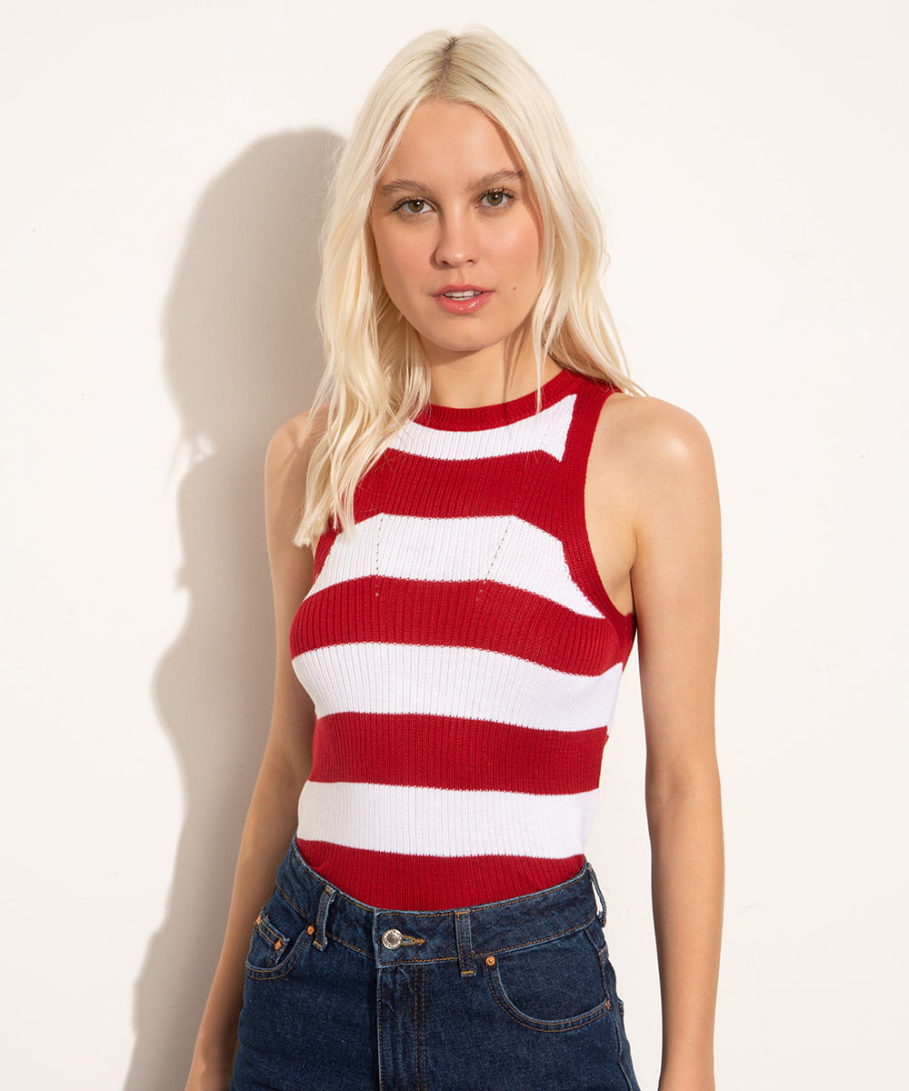 Regata Halter Neck de Tricô Listrada Decote Redondo Mindset Vermelho