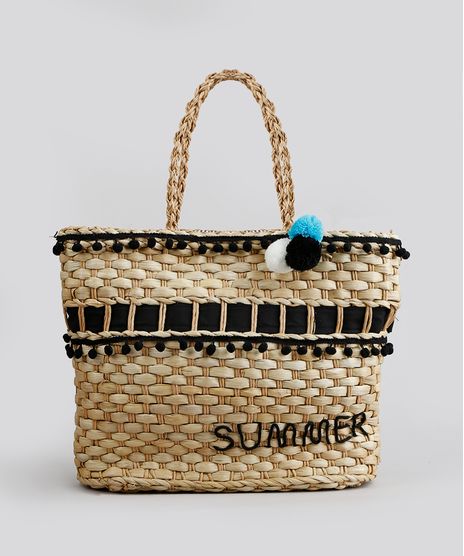 Bolsa-de-Praia-Feminina--Summer--de-Palha-com-Pompom-Bege-8727401-Bege_1