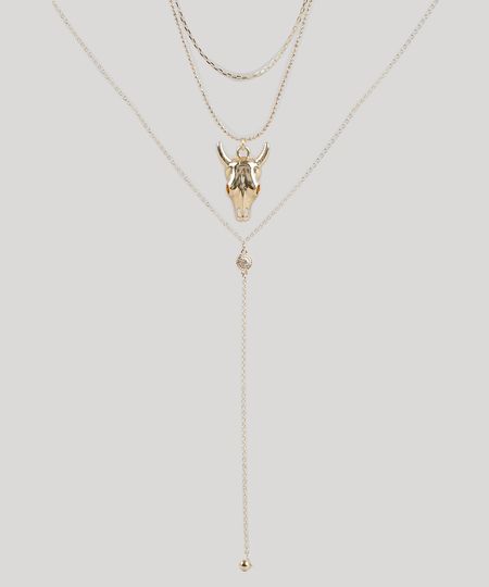 Colar Feminino Triplo com Pingente Boi Dourado - Único Menor preço em Colar Feminino Triplo com Pingente Boi Dourado - Único