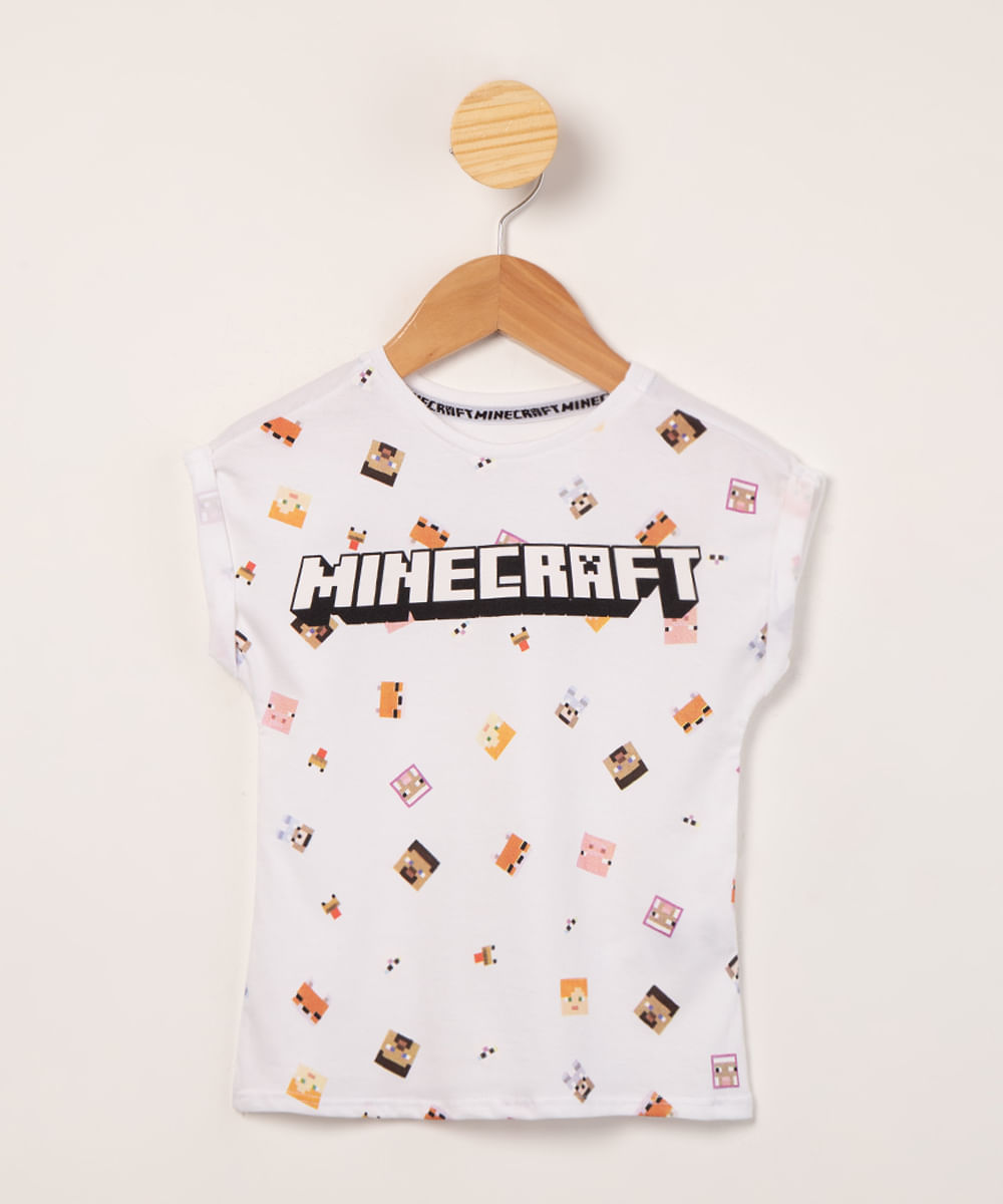 blusa infantil minecraft manga curta off white