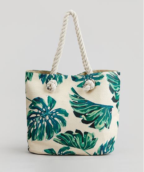 Bolsa-de-Praia-Feminina-Estampada-de-Folhas-Bege-9198316-Bege_1