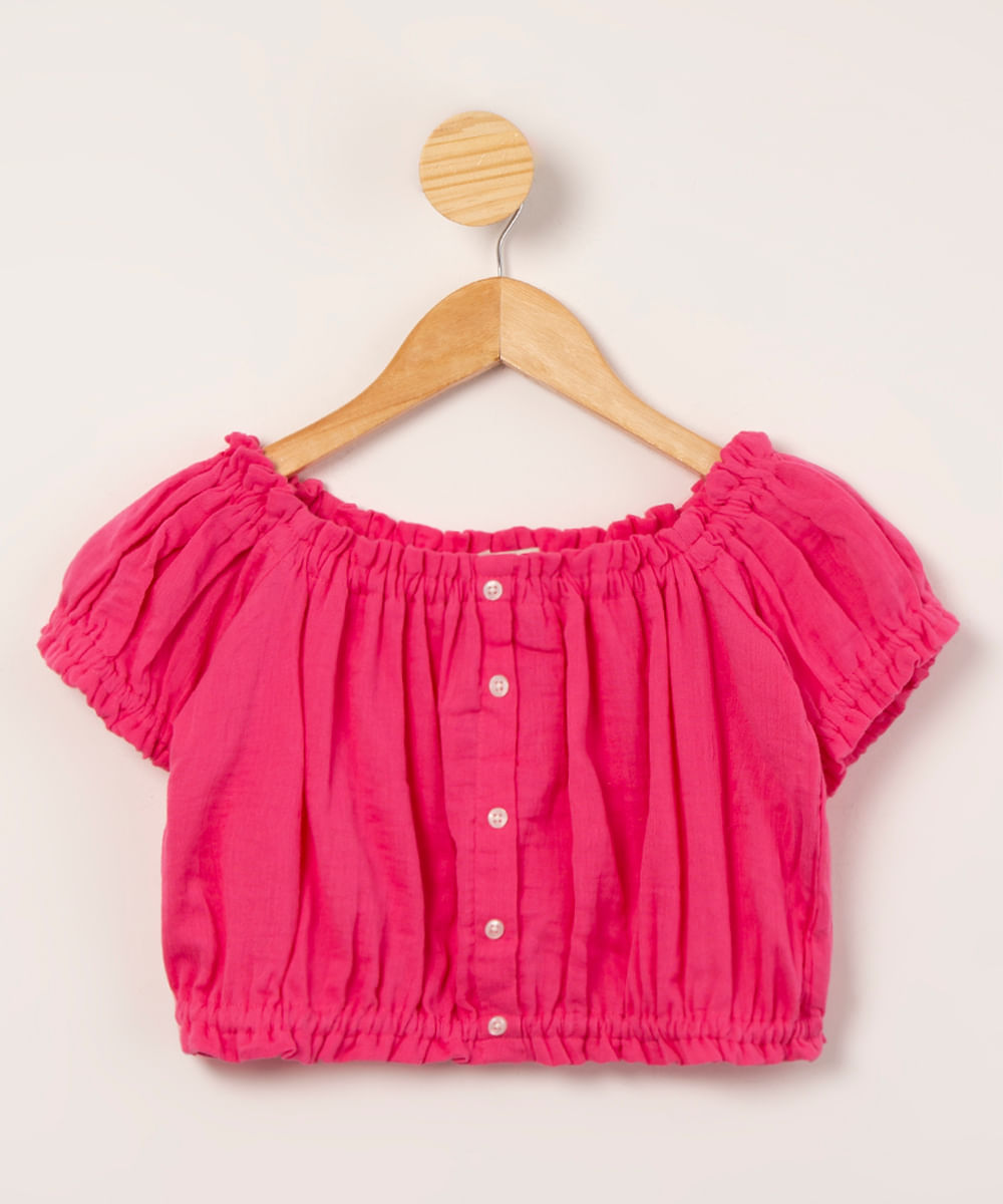 blusa infantil cropped ombro a ombro com botões manga curta pink