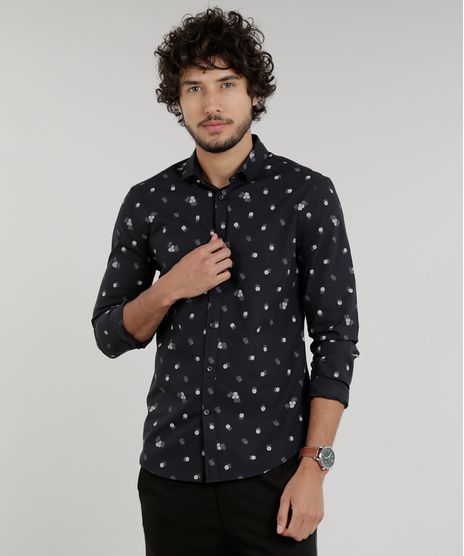Camisa-Masculina-Slim-Estampada-Mini-Print-de-Rosas-Manga-Longa-Preta-9100342-Preto_1