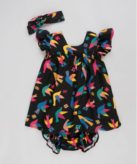 Vestido-Infantil-Fabula-Estampado-de-Passaros-com-Laco-Manga-Curta-Decote-Redondo-Preto-9180448-Preto_1