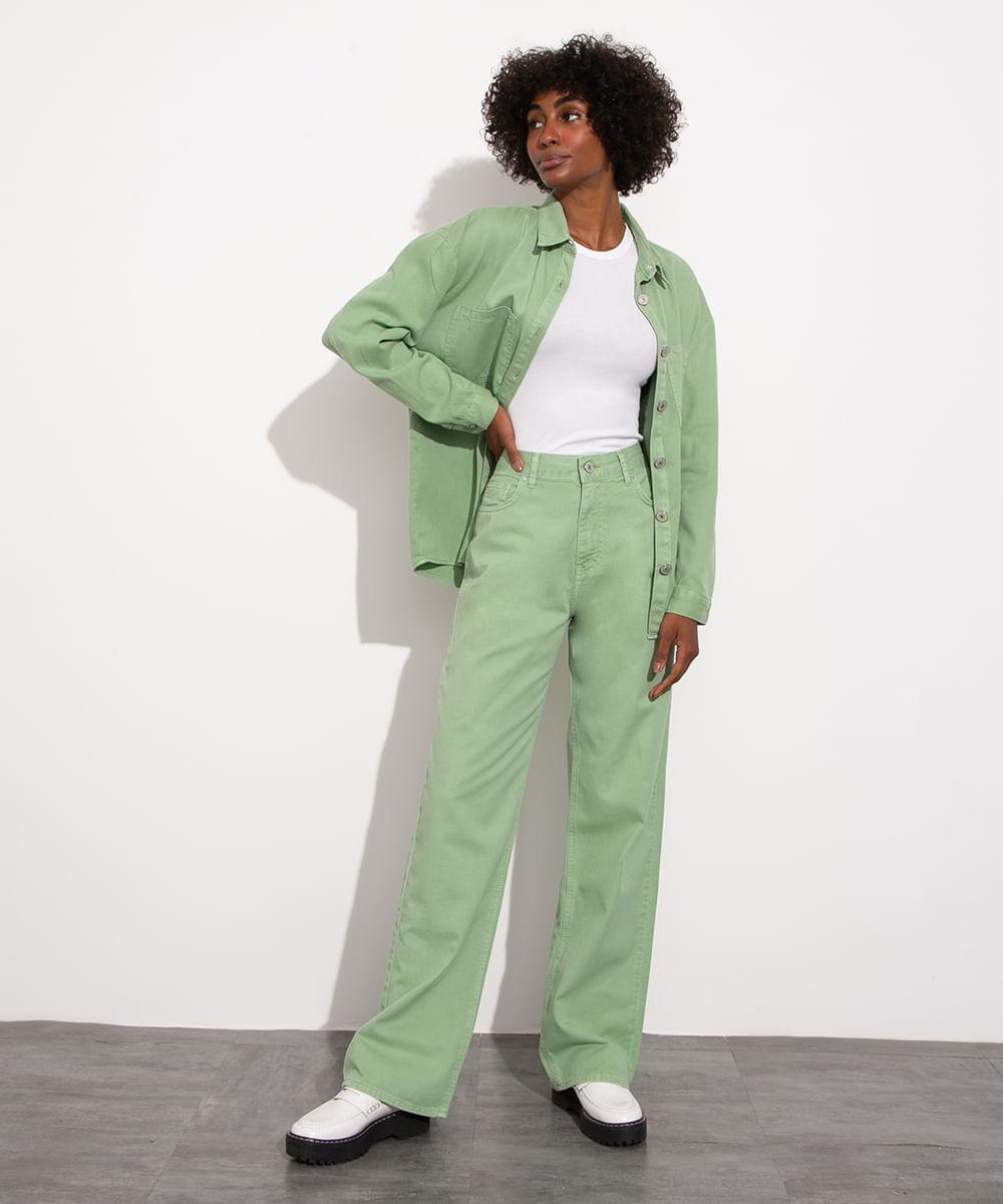 calça reta loose de sarja cintura super alta mindset verde