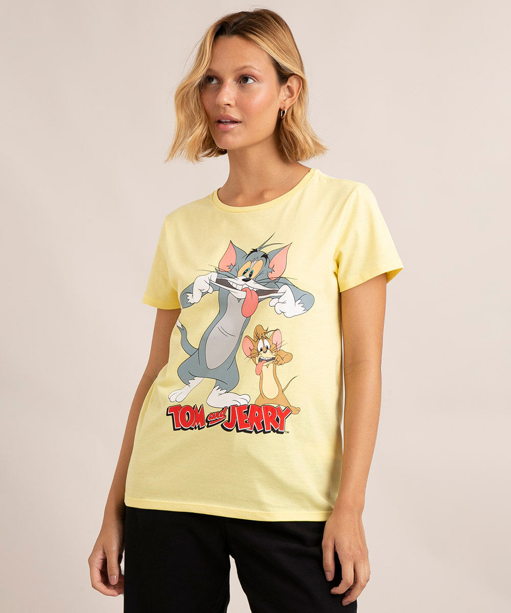 camiseta de algodão tom e jerry manga curta decote redondo amarelo claro