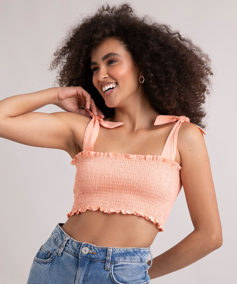 top cropped de algodão lastex alça larga com amarração decote reto coral