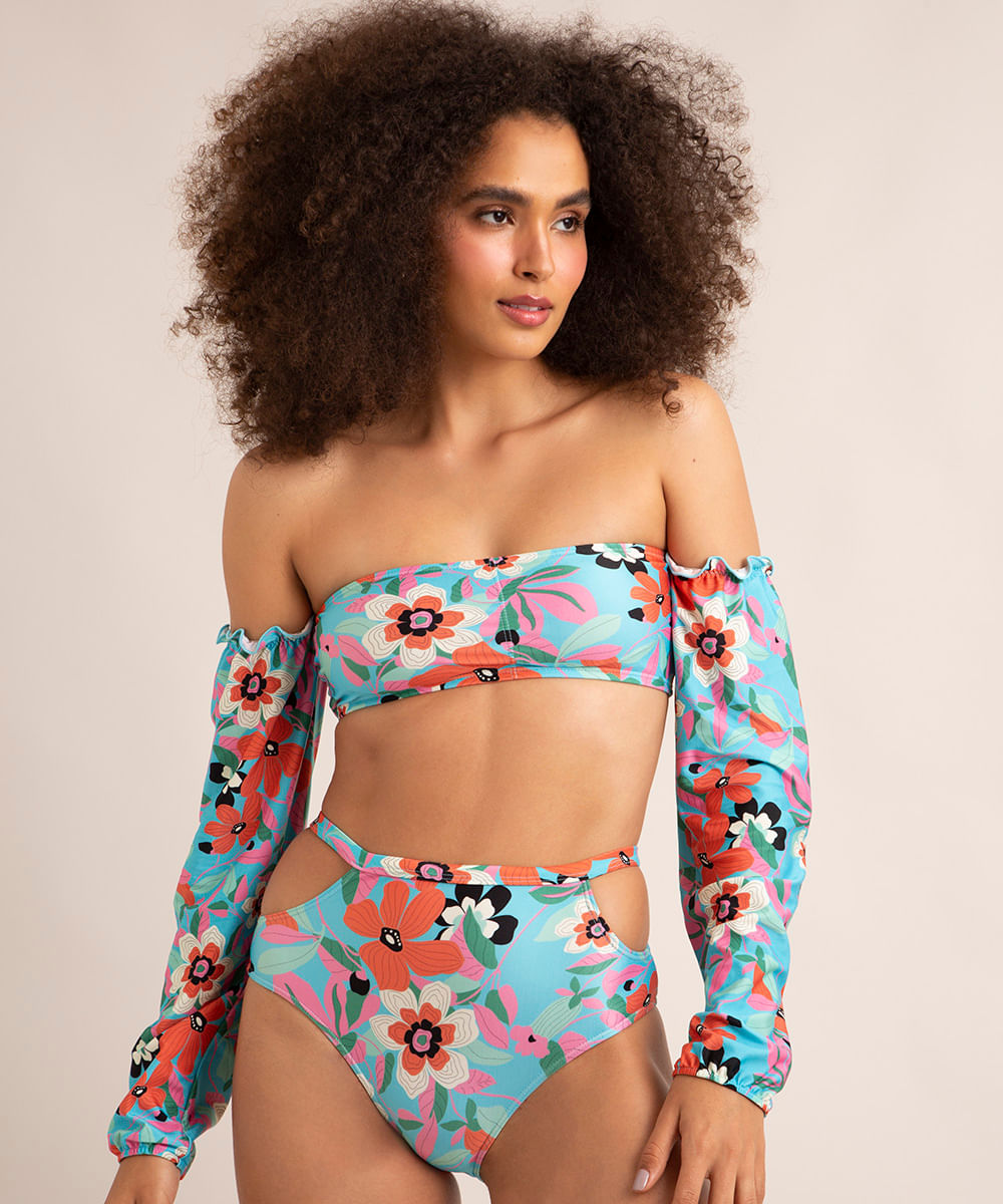 biquíni top faixa estampado floral com babado manga bufante bojo removível proteção uv50+ azul