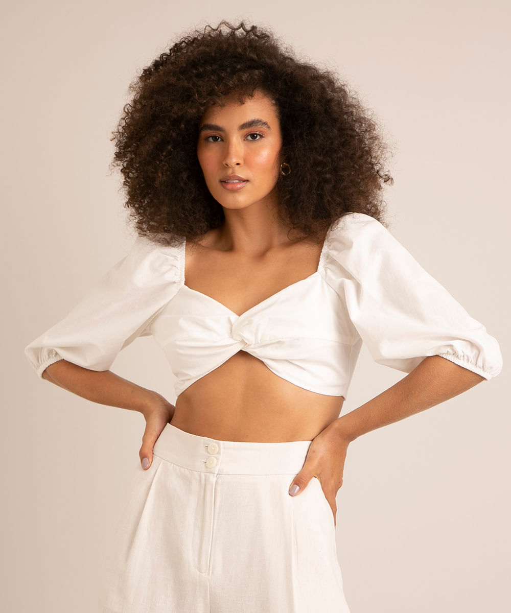 blusa cropped manga bufante com amarração off white