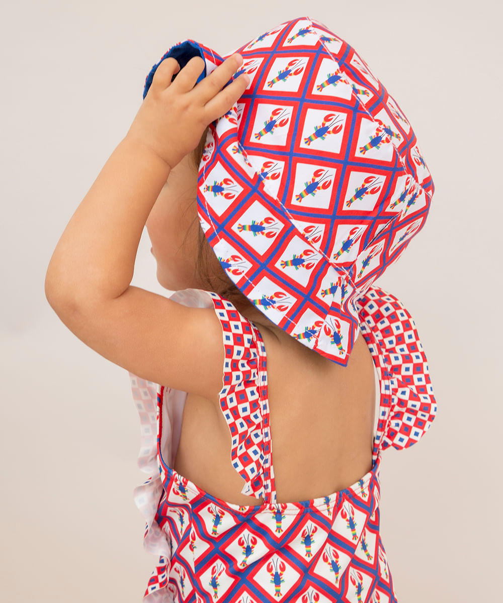 chapéu infantil bucket hat dupla face estampado de lagostas lulu novis multicor