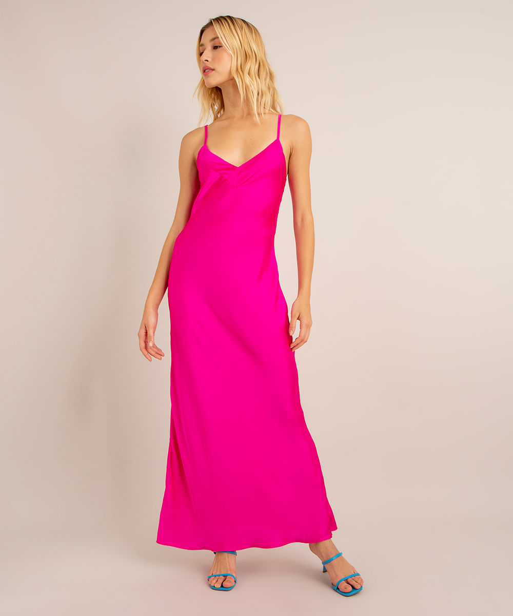 vestido longo de cetim alça fina decote v com amarração pink
