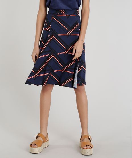 Saia-Feminina-Evase-Curta-Estampada-Geometrica-com-Fendas-Azul-Marinho-9111989-Azul_Marinho_1