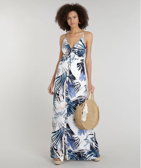 vestido branco estampado longo