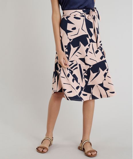Saia-Feminina-Estampada-de-Folhagem-com-Amarracao-Azul-Marinho-9298239-Azul_Marinho_1