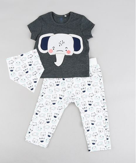 Conjunto-Infantil-de-Camiseta-Estampa-Interativa-Elefante-Manga-Curta-Cinza-Mescla-Escuro---Calca-Estampada-de-Bichos---Babador-Off-White-9118889-Off_White_1
