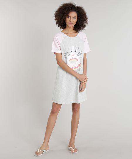 Camisola-Feminina-Estampada-de-Ratinho-Raglan-Manga-Curta-Decote-Redondo-Cinza-Mescla-Claro-9281243-Cinza_Mescla_Claro_1