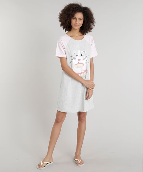 Camisola-Feminina-Estampada-de-Ratinho-Raglan-Manga-Curta-Decote-Redondo-Cinza-Mescla-Claro-9281243-Cinza_Mescla_Claro_1