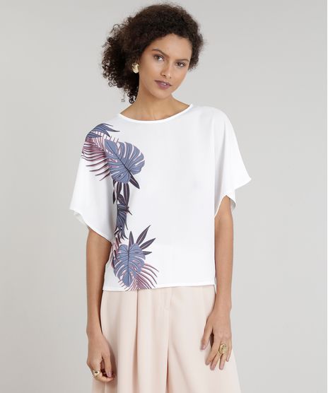 Blusa-Feminina-Ampla-com-Estampa-de-Folhas-Manga-Curta-Decote-Redondo-Off-White-9226326-Off_White_1