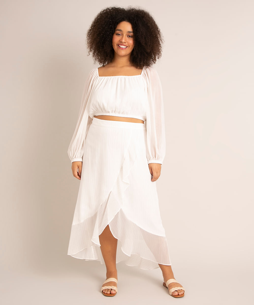 saia plus size mullet midi de chiffon listrada com lurex e babados além dos mares salvador preta gil off white