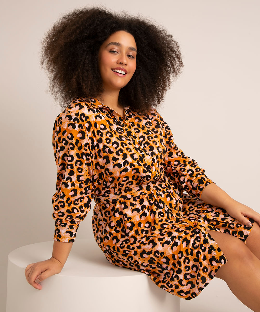 vestido curto chemise plus size estampado animal print além dos mares alter do chão grazi massafera laranja