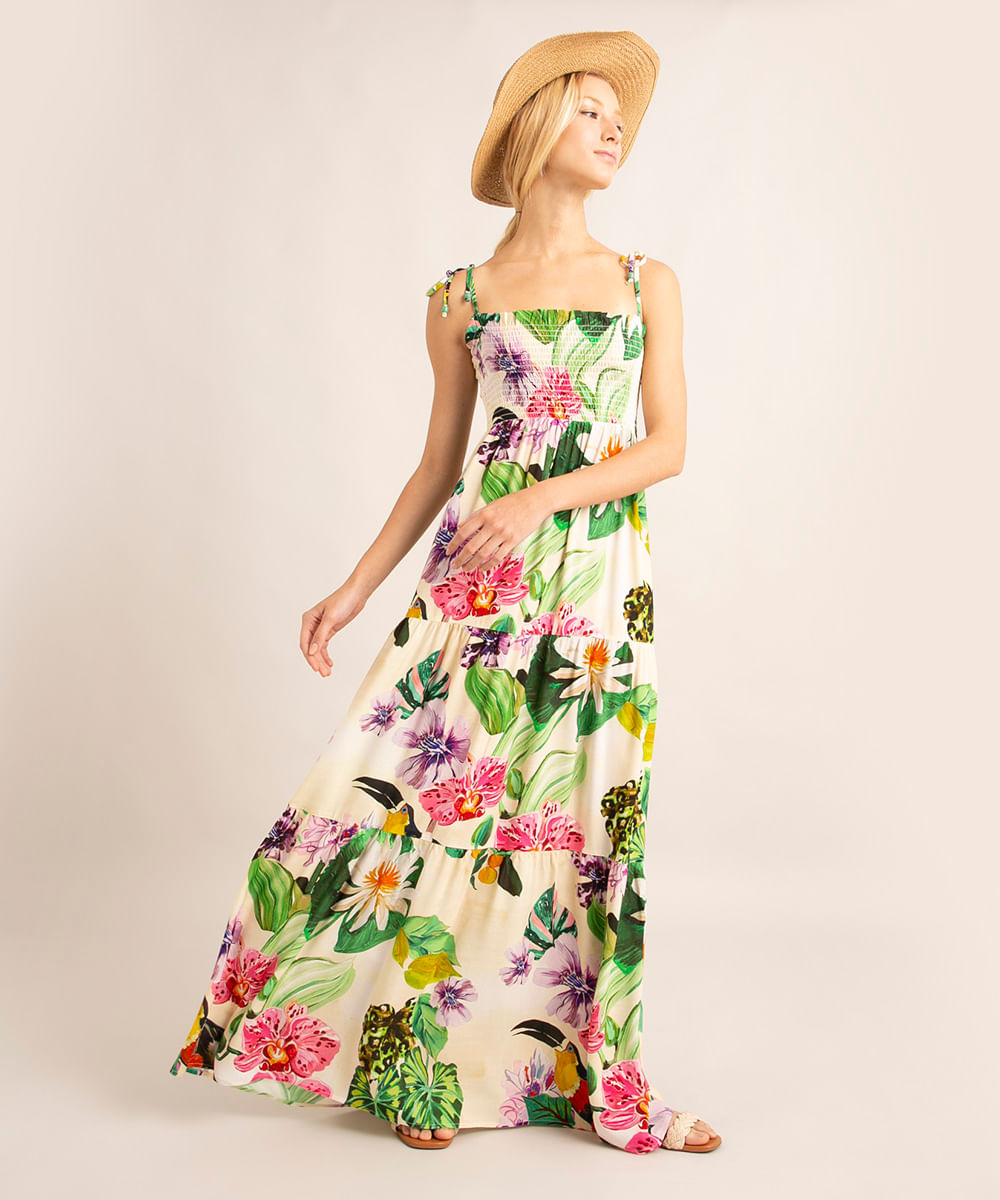 vestido longo com amarração estampado floral aquático além dos mares alter do chão grazi massafera off white