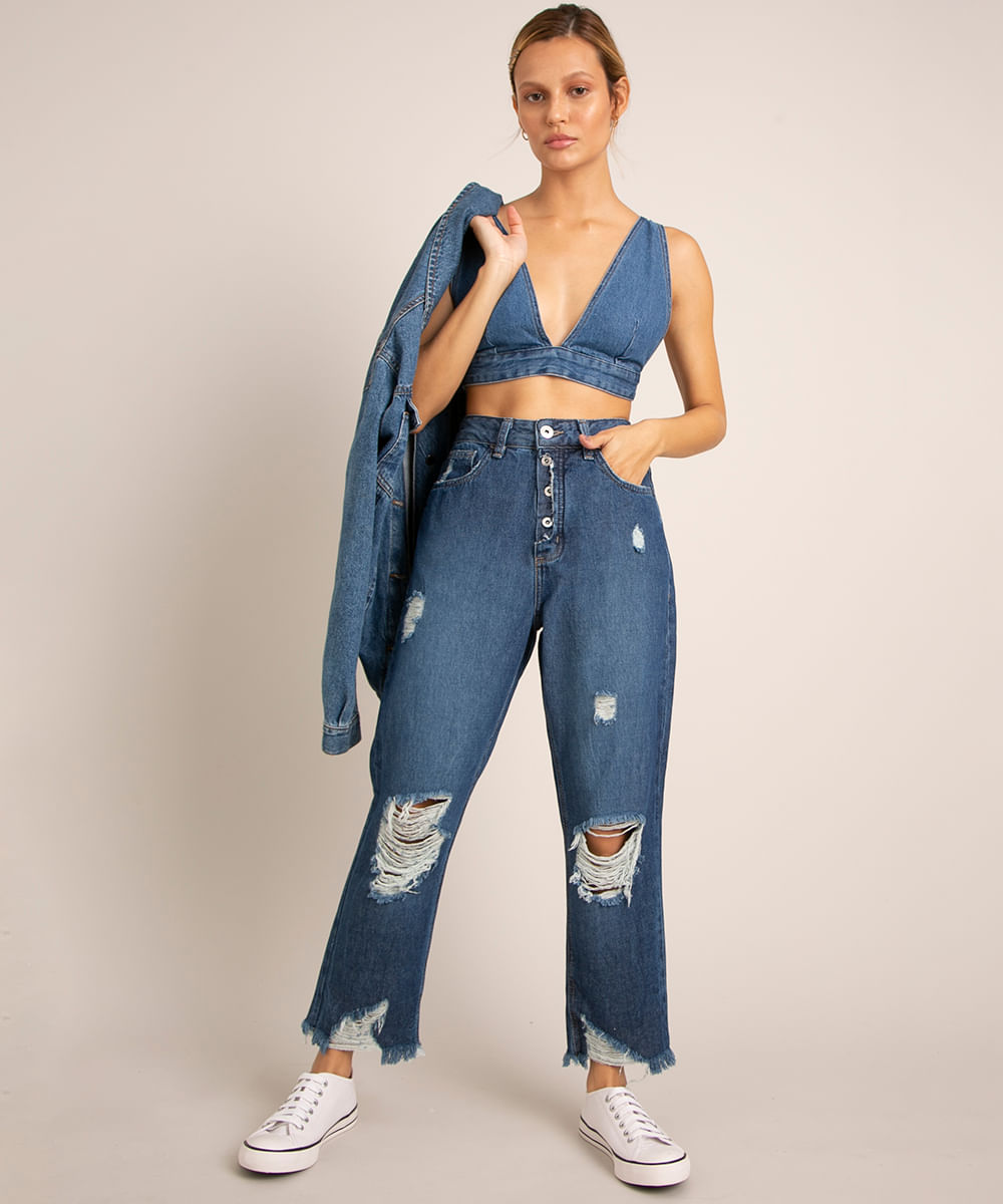 calça mom jeans destroyed cintura super alta azul escuro