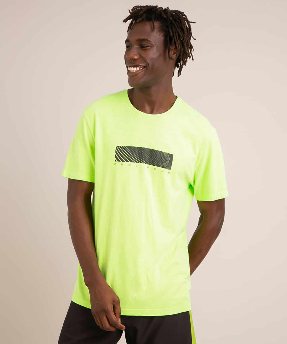 camiseta de algodão manga curta gola careca "feel free" além dos mares rio de janeiro verde neon