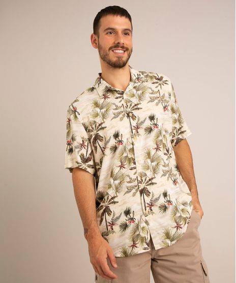camisa-comfort-de-viscose-estampado-folhagens-manga-curta-bege-1004933-Bege_1