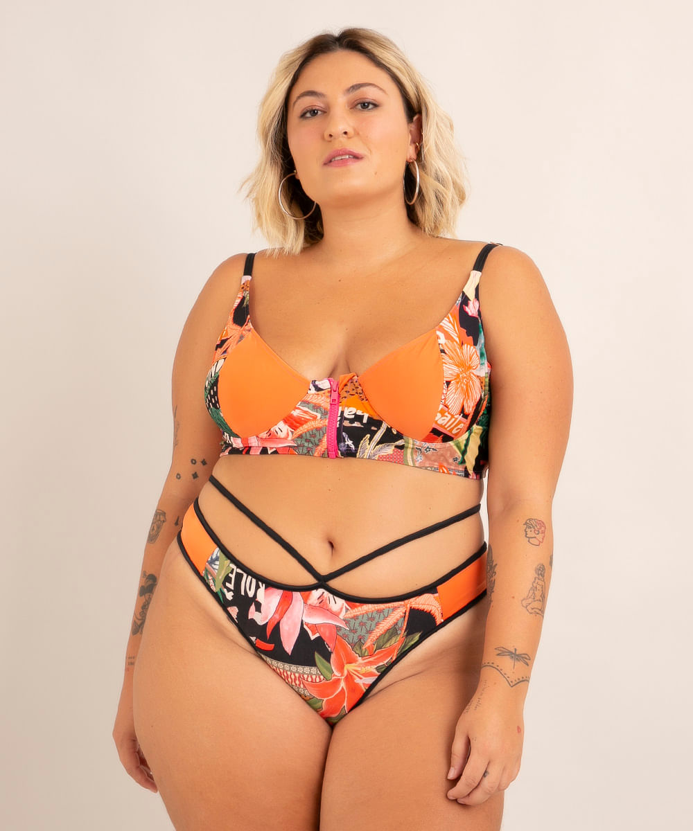 biquíni plus size calcinha tanga strap estampado carioca proteção uv50+ além dos mares rio de janeiro ludmilla laranja