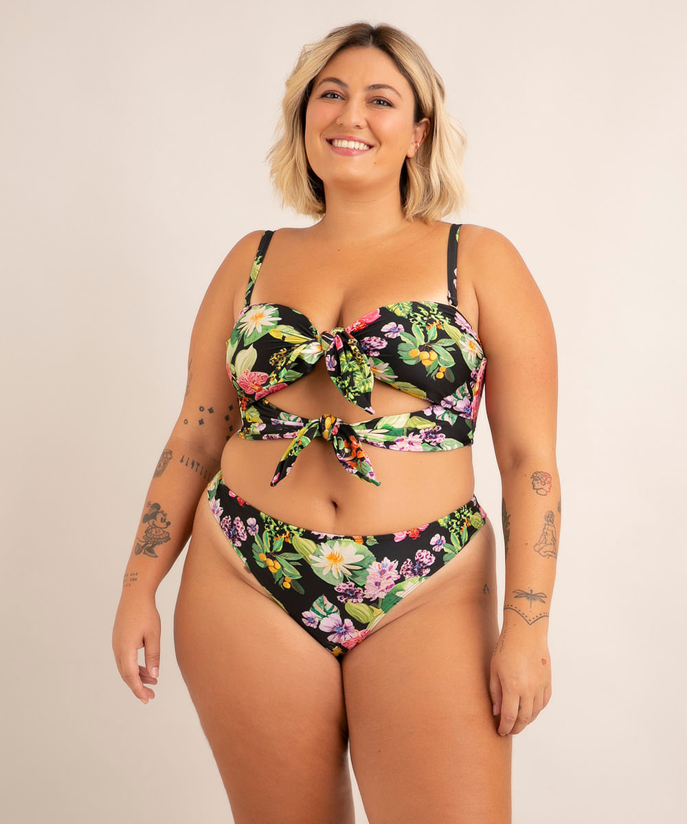 biquíni plus size calcinha tanga estampada floral aquático proteção uv50+ além dos mares alter do chão grazi massafera preto