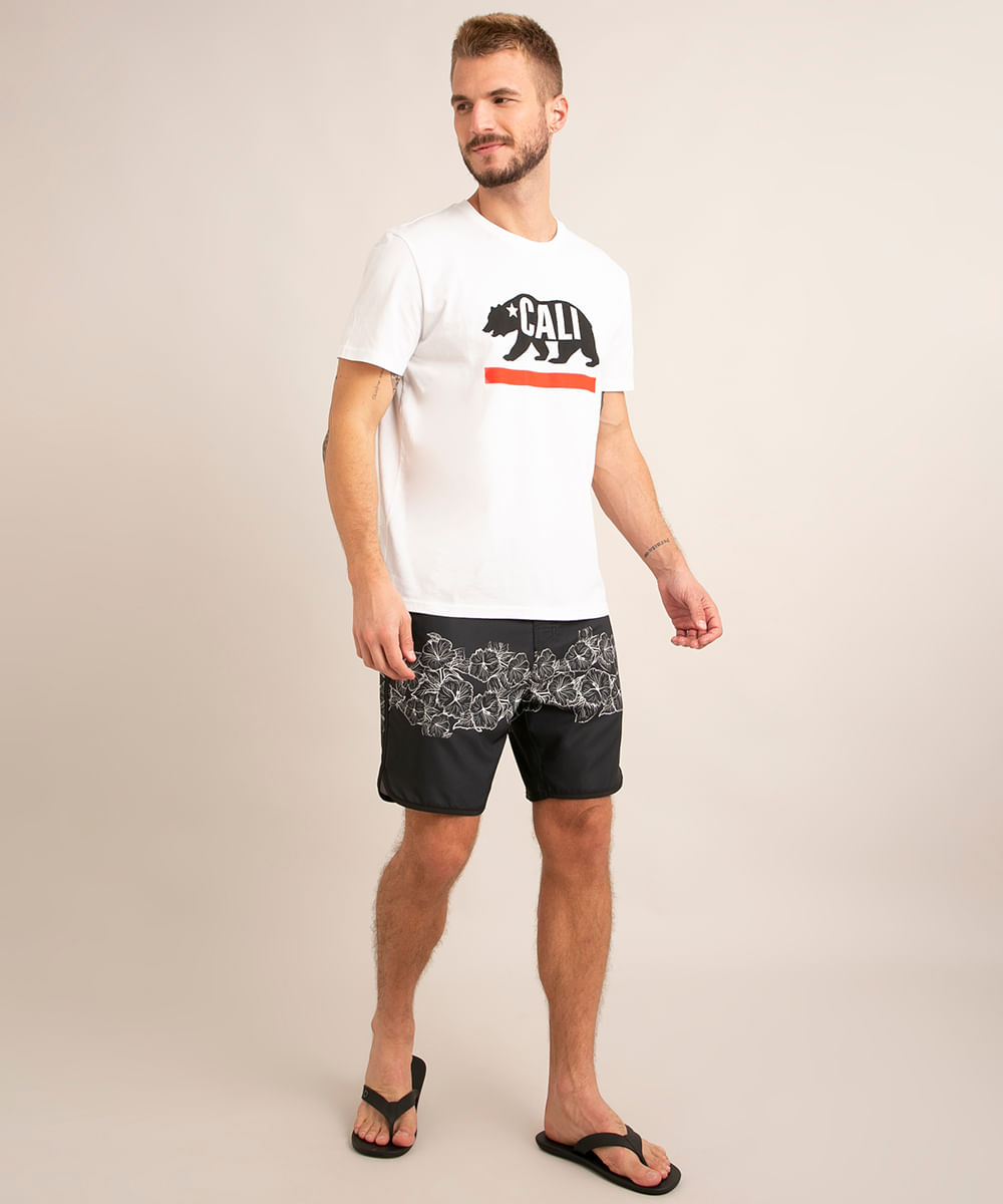 bermuda surf com cordão e estampa floral preto