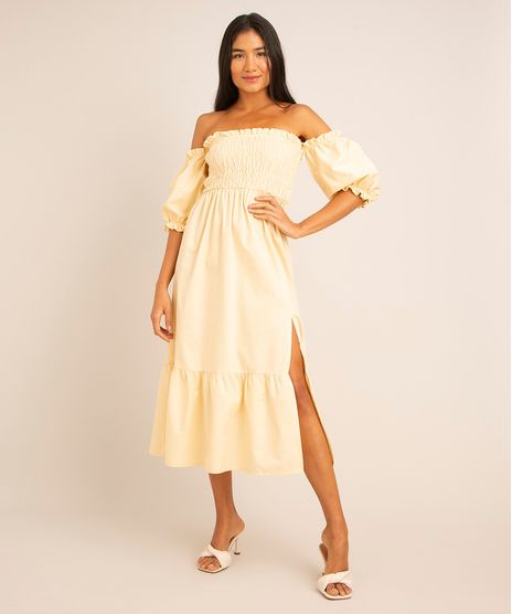 Vestido Ombro a Ombro Midi com Fenda Amarelo