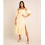 Vestido Ombro a Ombro Midi com Fenda Amarelo