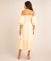Vestido Ombro a Ombro Midi com Fenda Amarelo costas