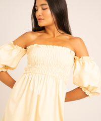 Vestido Ombro a Ombro Midi com Fenda Amarelo detalhe busto