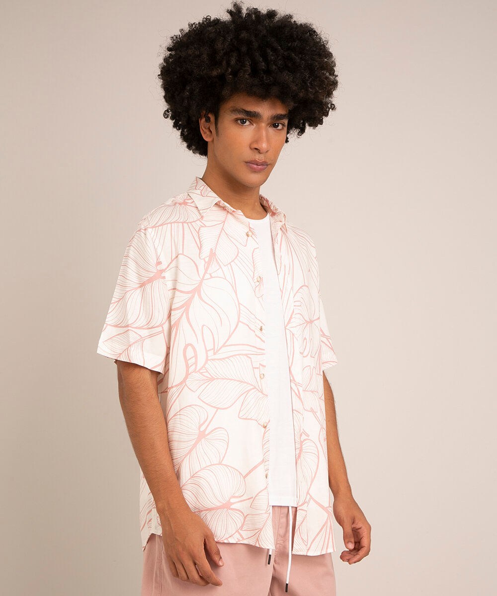 camisa relax com linho estampada folhagens manga curta off white