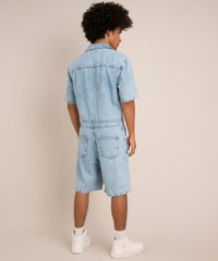 Macacão Jeans Marmorizado Curto Oversized Azul Claro