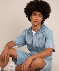 Macacão Jeans Marmorizado Curto Oversized Azul Claro