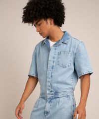 Macacão Jeans Marmorizado Curto Oversized Azul Claro
