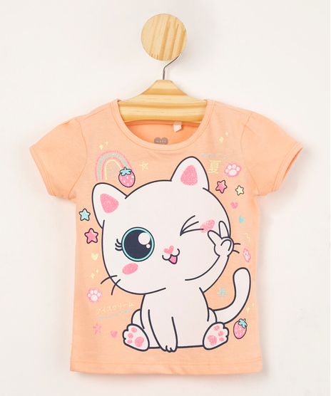 blusa-infantil-de-algodao-gatinho-com-glitter-manga-curta-coral-1010520-Coral_1