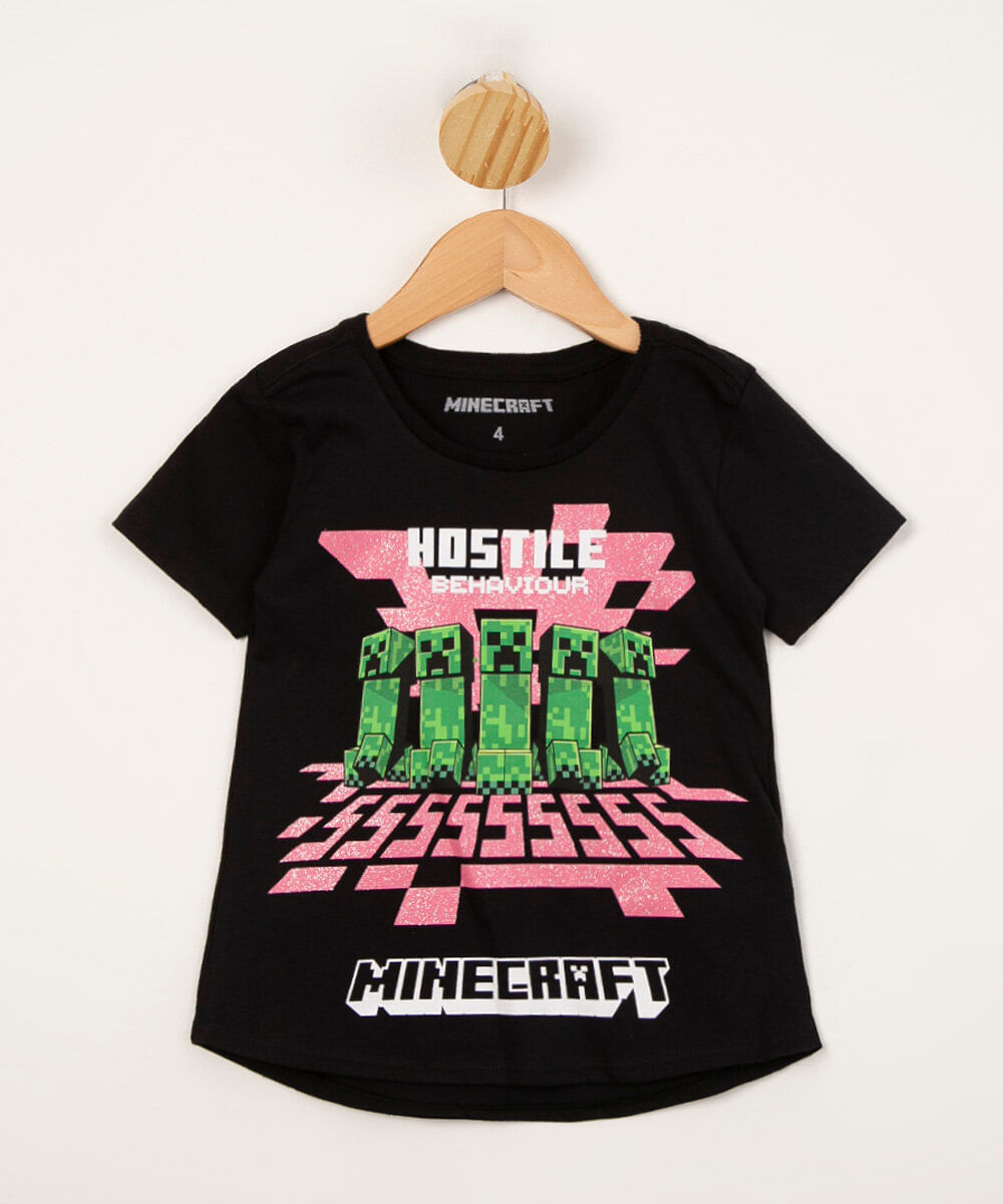 blusa infantil de algodão manga curta decote redondo estampada minecraft preta