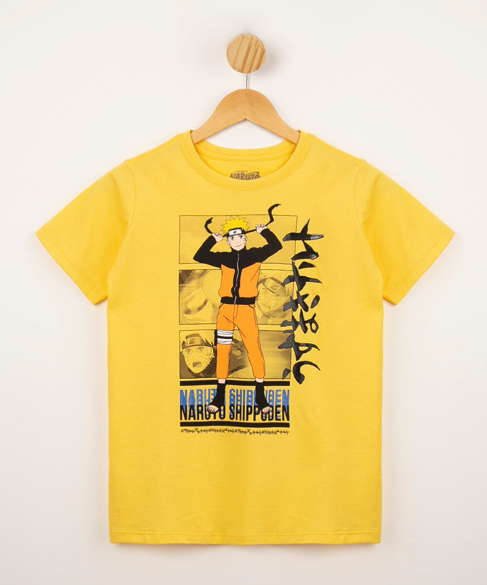 camiseta infantil de algodão manga curta gola careca naruto shippuden amarelo