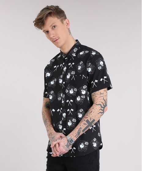 Camisa-Masculina-Estampada-de-Caveiras-com-Bolso-Manga-Curta-Preta-8872770-Preto_1