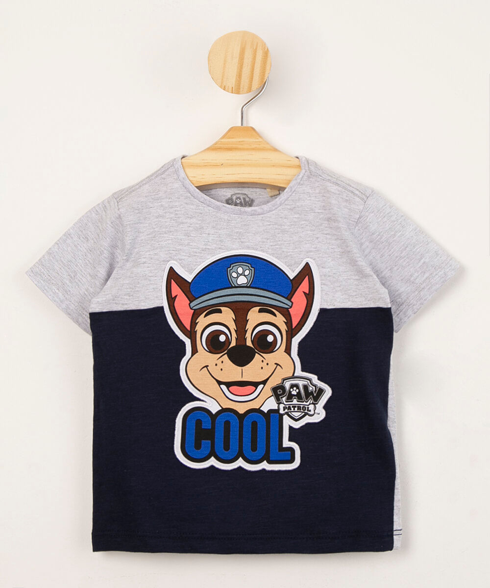 camiseta infantil patrulha canina com recorte manga curta cinza