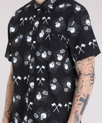 Camisa-Masculina-Estampada-de-Caveiras-com-Bolso-Manga-Curta-Preta-8872770-Preto_4