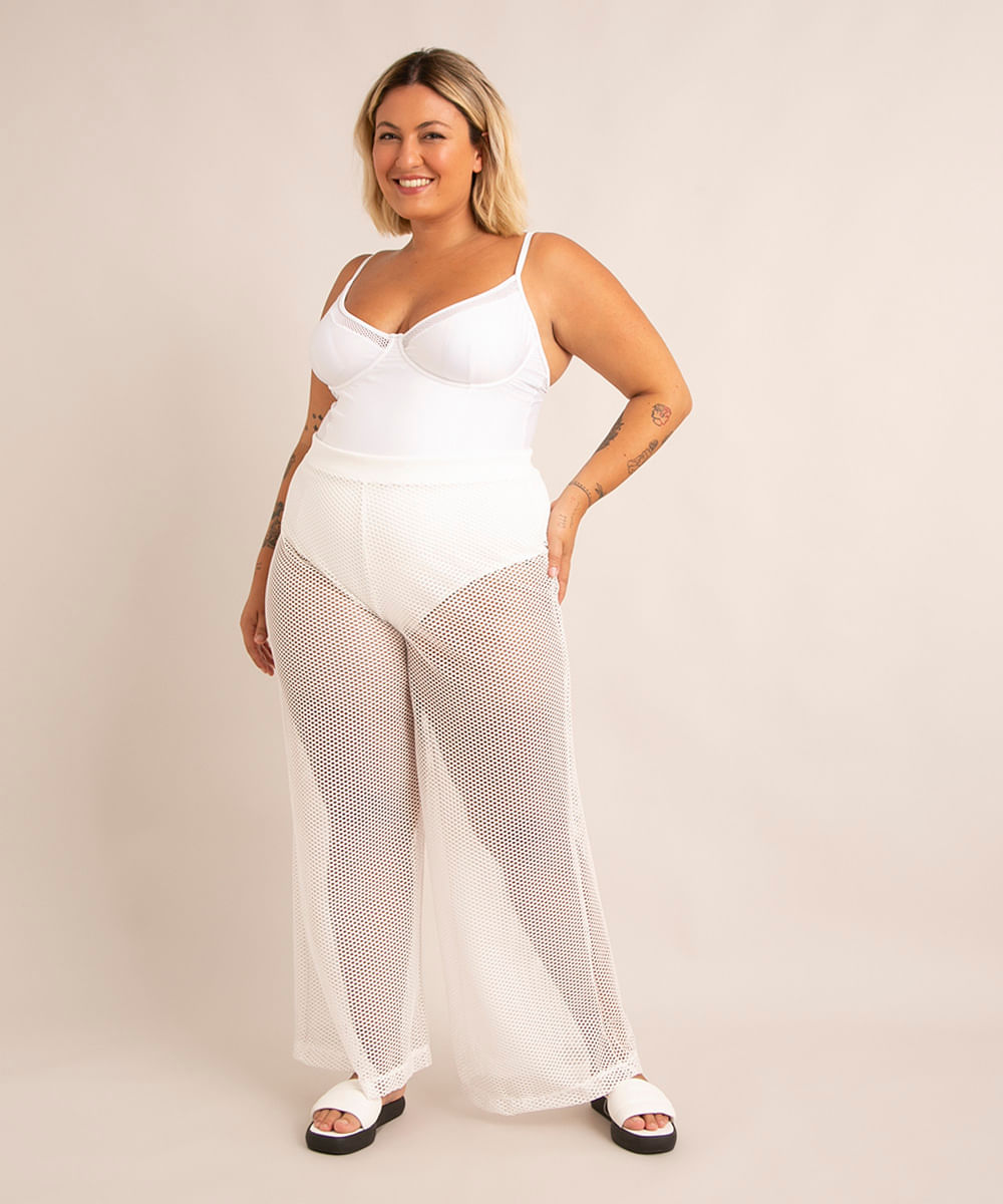 calça plus size wide leg de tela cintura super alta + calcinha além dos mares rio de janeiro ludmilla branca